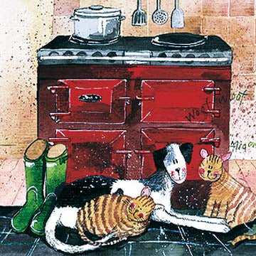 Alex Clark In The Warmth Kitchen Range Dog Cat Blank Card